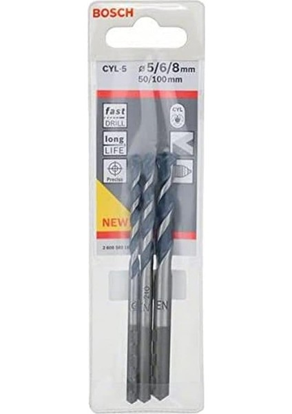 Professional Accessories Cyl/5 Serisi, Blue Granite Turbo Beton Matkap Ucu, 3'lü 5/6/8 Mm, Gri