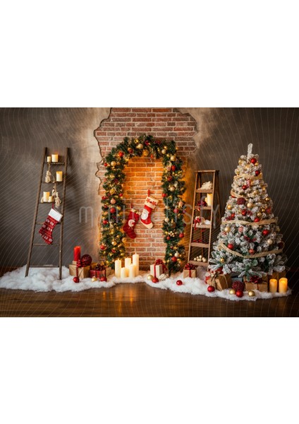 Rustik Tuğla ve Noel Dekorlu 200X150CM Arka Plan Stüdyo Fonu