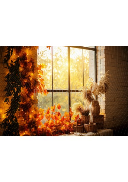 Altın Sonbahar: Sıcak Gün Batımı ve Yapraklı Pencere Arka Planı 200X150CM Stüdyo Fonu