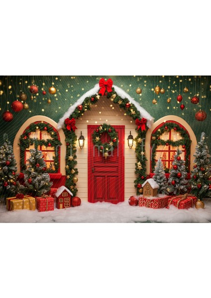 Kırmızı ve Altın Noel Köyü 200X150CM Arka Plan Stüdyo Fonu