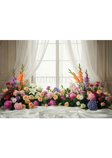 Zarif Çiçek Bahçesi: Pencere Önü Çiçek Aranjmanlı Arka Plan 200X150CM Stüdyo Fonu