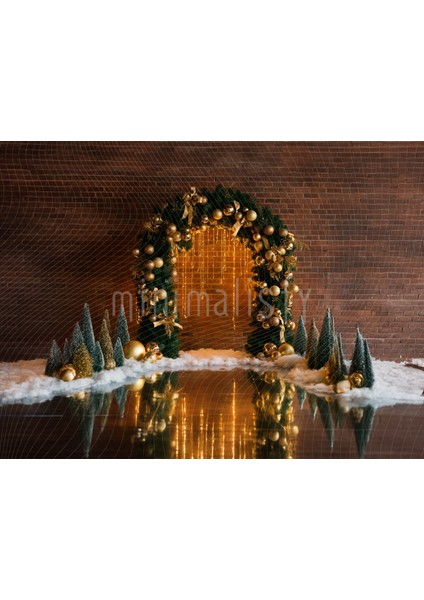 Altın Parıltısı: Rustik Tuğla ve Işıltılı Noel Kapısı 200X150CM Stüdyo Fonu