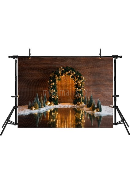 Altın Parıltısı: Rustik Tuğla ve Işıltılı Noel Kapısı 200X150CM Stüdyo Fonu
