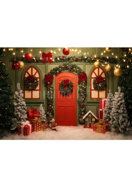Sıcacık Noel: Kırmızı Kapı ve Işıltılı Dekorasyonlu Arka Plan 200X150CM Stüdyo Fonu