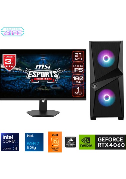 UFE02D Intel Ultra 5 245KF Z890 64GB Ddr5 6000MHZ 2tb Gen4 SSD RTX4060 240MM Sıvı Soğutma Windows 11 Pro Msı 27" Gaming