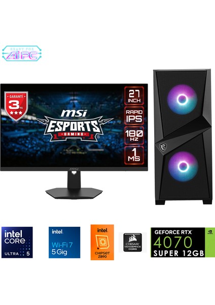 UFE08D Intel Ultra 5 245KF Z890 64GB Ddr5 6000MHZ 2tb Gen4 SSD RTX4070 Super 240MM Sıvı Soğutma Windows 11 Pro Msı 27" Gaming