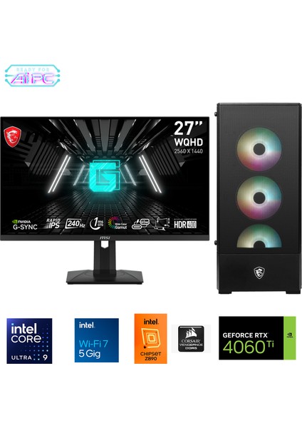 UFE27D Intel Ultra 9 285K Z890 32GB Ddr5 6000MHZ 1tb Gen4 SSD RTX4060TI 16GB 240MM Sıvı Soğutma Windows 11 Pro Msı 27" 2k Gaming