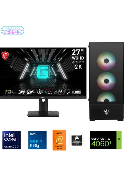 UFE14D Intel Ultra 7 265KF Z890 64GB Ddr5 6000MHZ 2tb Gen4 SSD RTX4060TI 16GB 240MM Sıvı Soğutma Windows 11 Pro Msı 27" 2k Gaming