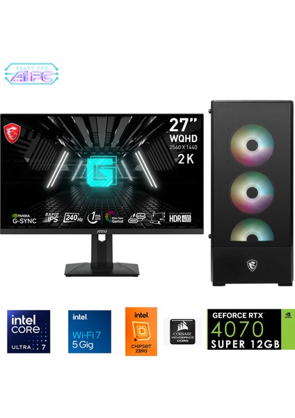 UFE15D Intel Ultra 7 265KF Z890 32GB Ddr5 6000MHZ 1tb Gen4 SSD RTX4070 Super 240MM Sıvı Soğutma Windows 11 Pro Msı 27" 2k Gaming