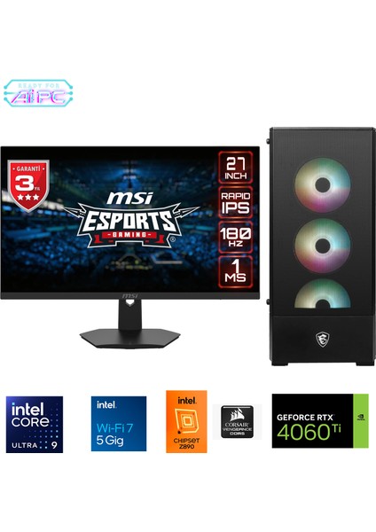 UFE25D Intel Ultra 9 285K Z890 32GB Ddr5 6000MHZ 1tb Gen4 SSD RTX4060TI 240MM Sıvı Soğutma Windows 11 Pro Msı 27" Gaming