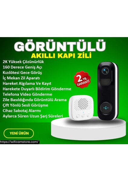 2k Kameralı Wifi Akıllı Kapı Zili Geniş Açı Lens-Görüntülü Görüşme-Kayıt-Hareket Algılama