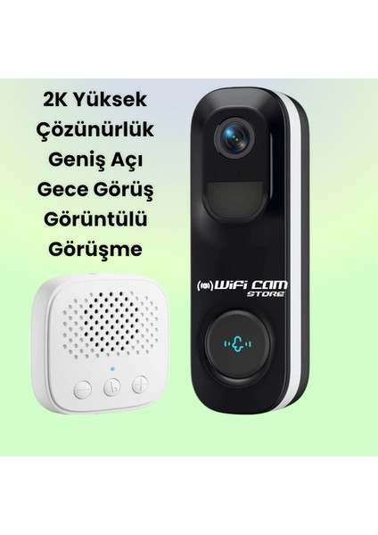 2k Kameralı Wifi Akıllı Kapı Zili Geniş Açı Lens-Görüntülü Görüşme-Kayıt-Hareket Algılama