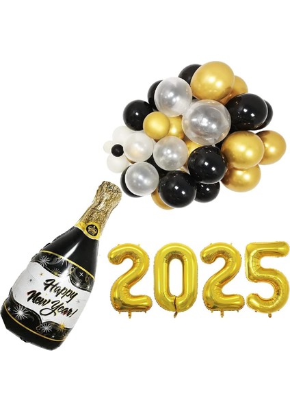 2025 Yılbaşı Partisi Malzemeleri 2025 Balonları,siyahaltınvebeyaz Happy New Year Şişeli Yılbaşı Süsü