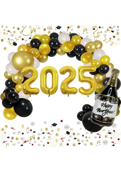 2025 Yılbaşı Partisi Malzemeleri 2025 Balonları,siyahaltınvebeyaz Happy New Year Şişeli Yılbaşı Süsü fiyatları