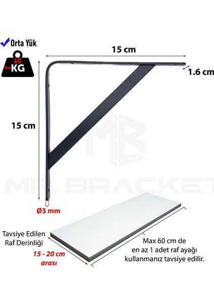 15 x 15 cm - 2 Ad. Siyah Modern Raf Altı Ayak - Metal Raf Tutucu L Demir Duvar Montaj Destek Aparatı