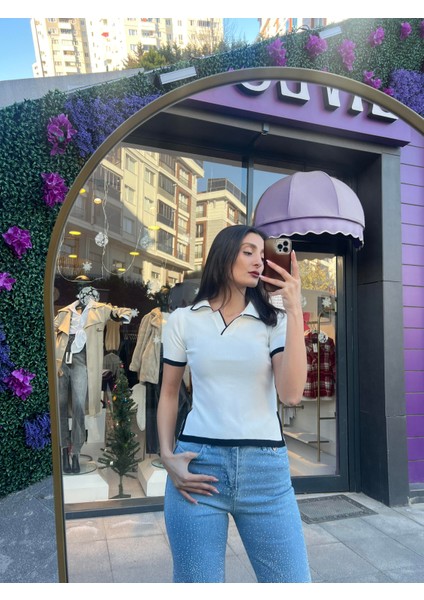 Polo Yaka Kısa Kol Triko Bluz-Beyaz Renk