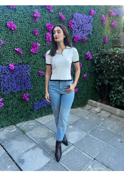 Polo Yaka Kısa Kol Triko Bluz-Beyaz Renk fiyatları