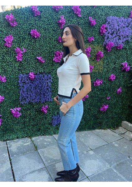 Polo Yaka Kısa Kol Triko Bluz-Beyaz Renk modelleri