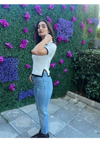 Polo Yaka Kısa Kol Triko Bluz-Beyaz Renk indirimleri