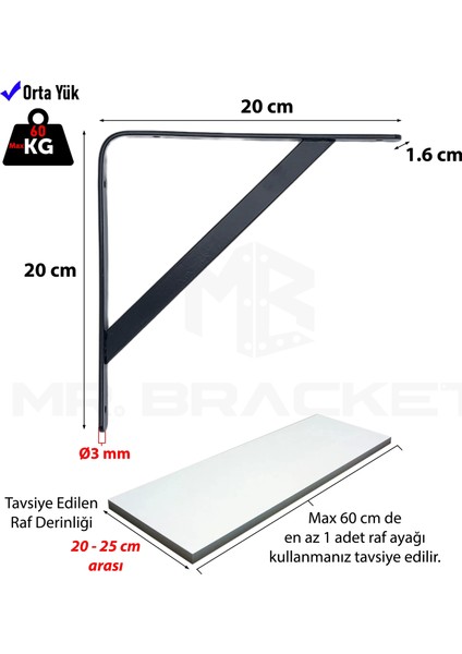 20 x 20 cm - 2 Ad. Siyah Modern Raf Altı Ayak - Metal Raf Tutucu L Demir Duvar Montaj Destek Aparatı