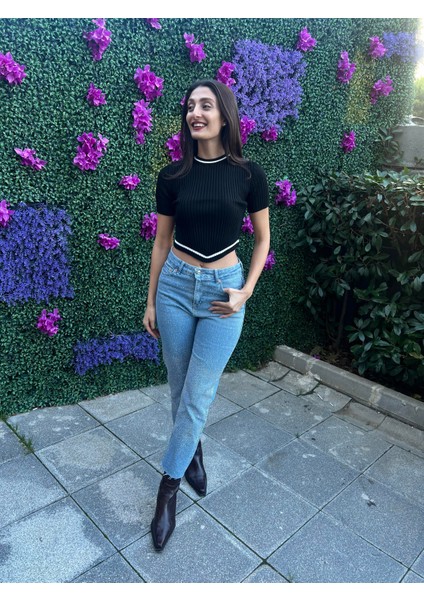 Verev Kesim Fitilli Triko Bluz-Siyah Renk