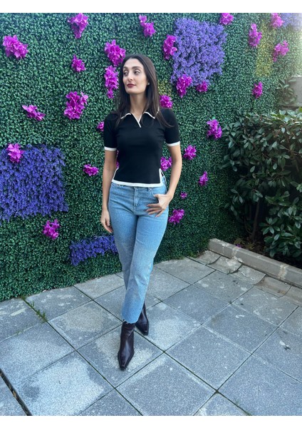 Polo Yaka Kısa Kol Triko Bluz-Siyah Renk