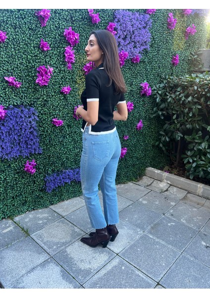 Polo Yaka Kısa Kol Triko Bluz-Siyah Renk