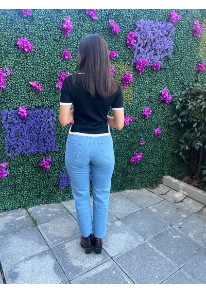 Polo Yaka Kısa Kol Triko Bluz-Siyah Renk