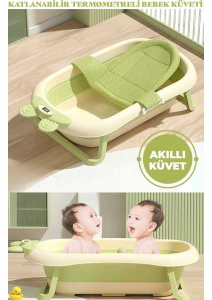 Katlanabilir Termometreli Bebek Küveti ve Filesi Yazlık Bebek Havuzu Pembe ve Yeşil