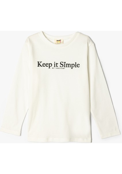 T-Shirt Slogan Baskılı Uzun Kollu Bisiklet Yaka Pamuklu