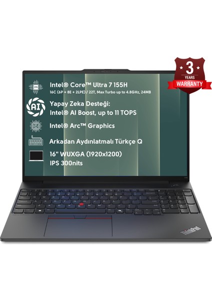 Thinkpad E16 Intel Core Ultra 7 155H 64GB 1tb SSD 16"fhd Windows 11 Pro Taşınabilir Bilgisayar 21MA002UTX W8