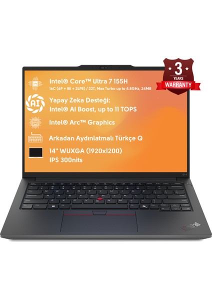 Thinkpad E14 Intel Core Ultra 7 155H 16GB 2tb SSD 14"fhd Freedos Taşınabilir Bilgisayar 21M70031TX O3