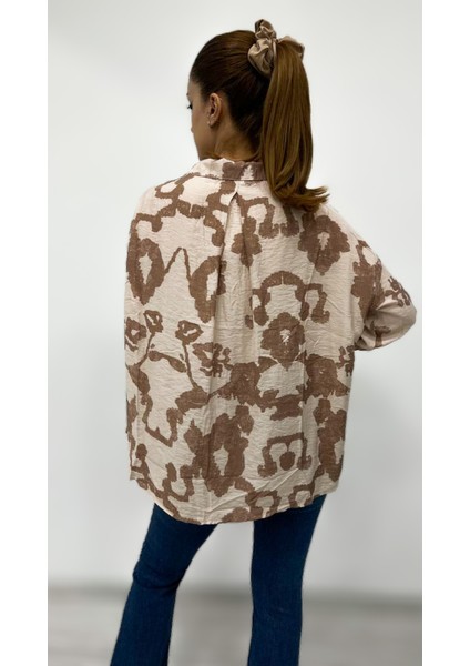 Kadın Kendinden Desenli Oversize Turuncu Gömlek modelleri