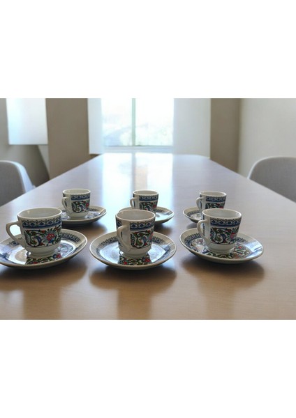 Porselen Topkapı Çini Desenli 6 Kişilik Türk Kahvesi Fincan Takımı 12 Parça
