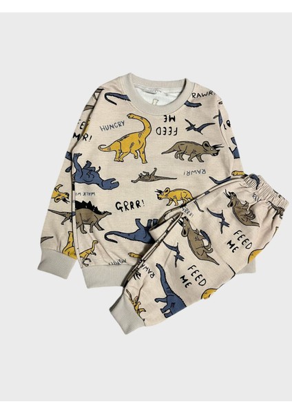 Erkek Çocuk Pamuklu Şardonlu Kahverengi Dinozor Desenli Uzun Kollu Kışlık Pijama Takımı