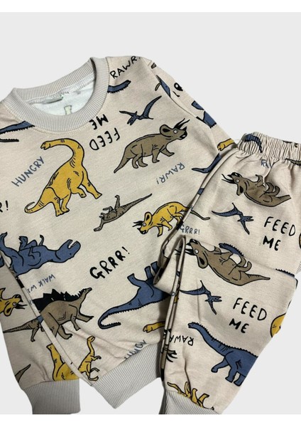 Erkek Çocuk Pamuklu Şardonlu Kahverengi Dinozor Desenli Uzun Kollu Kışlık Pijama Takımı