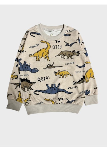 Erkek Çocuk Pamuklu Şardonlu Kahverengi Dinozor Desenli Uzun Kollu Kışlık Pijama Takımı