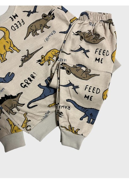 Erkek Çocuk Pamuklu Şardonlu Kahverengi Dinozor Desenli Uzun Kollu Kışlık Pijama Takımı