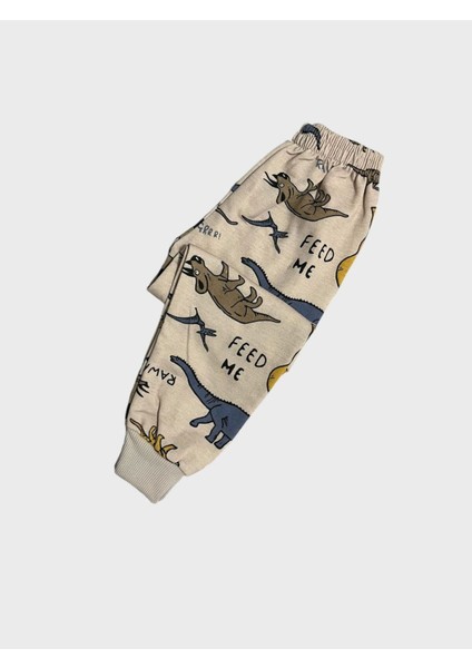Erkek Çocuk Pamuklu Şardonlu Kahverengi Dinozor Desenli Uzun Kollu Kışlık Pijama Takımı