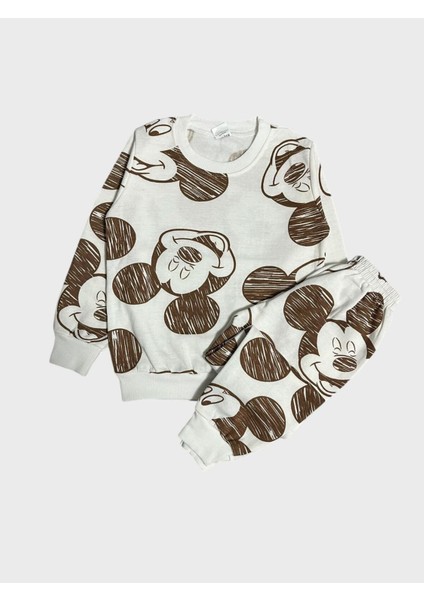 Erkek Çocuk Pamuklu Şardonlu Beyaz Mickey Mouse Desenli Uzun Kollu Kışlık Pijama Takımı