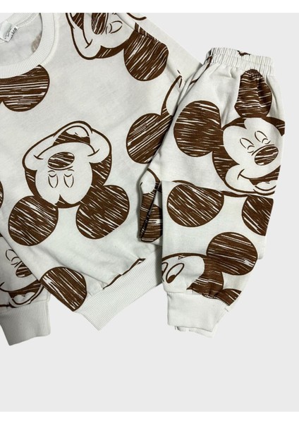 Erkek Çocuk Pamuklu Şardonlu Beyaz Mickey Mouse Desenli Uzun Kollu Kışlık Pijama Takımı