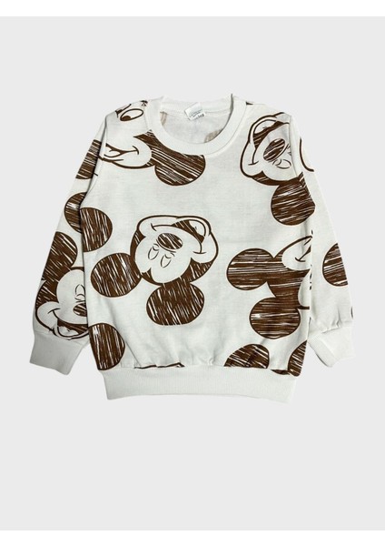 Erkek Çocuk Pamuklu Şardonlu Beyaz Mickey Mouse Desenli Uzun Kollu Kışlık Pijama Takımı