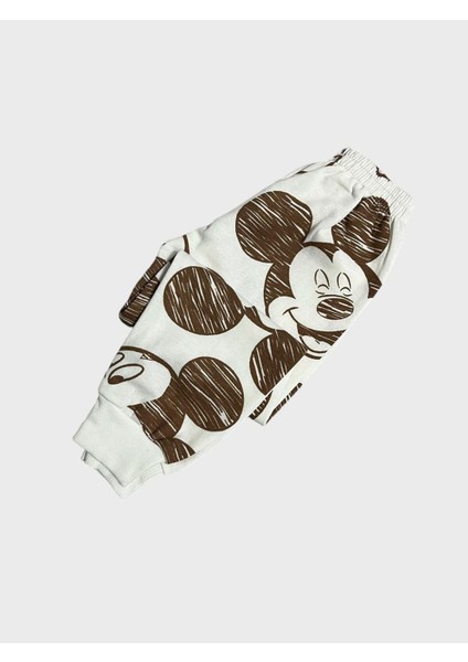 Erkek Çocuk Pamuklu Şardonlu Beyaz Mickey Mouse Desenli Uzun Kollu Kışlık Pijama Takımı