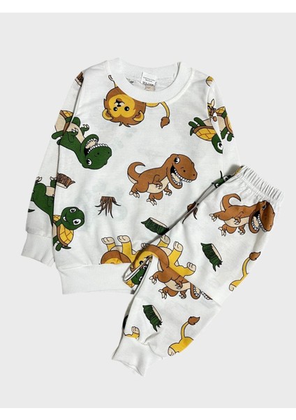 Erkek Çocuk Pamuklu Şardonlu Beyaz Aslan Kaplumbağa Dinozor Desenli Uzun Kollu Kışlık Pijama Takımı