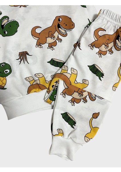 Erkek Çocuk Pamuklu Şardonlu Beyaz Aslan Kaplumbağa Dinozor Desenli Uzun Kollu Kışlık Pijama Takımı
