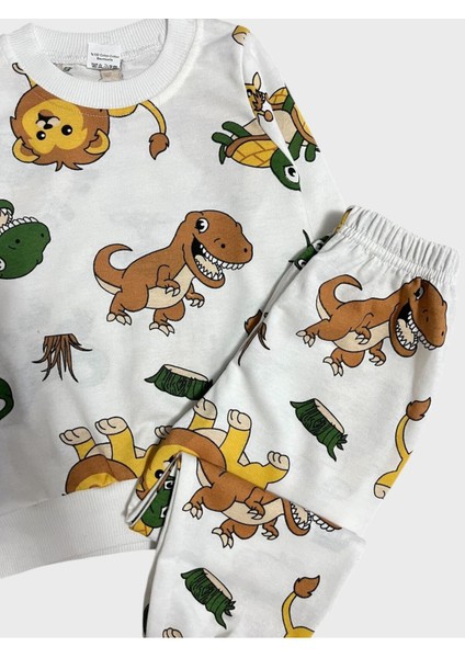 Erkek Çocuk Pamuklu Şardonlu Beyaz Aslan Kaplumbağa Dinozor Desenli Uzun Kollu Kışlık Pijama Takımı