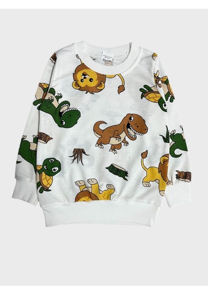 Erkek Çocuk Pamuklu Şardonlu Beyaz Aslan Kaplumbağa Dinozor Desenli Uzun Kollu Kışlık Pijama Takımı