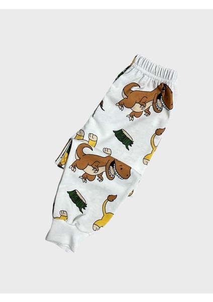 Erkek Çocuk Pamuklu Şardonlu Beyaz Aslan Kaplumbağa Dinozor Desenli Uzun Kollu Kışlık Pijama Takımı