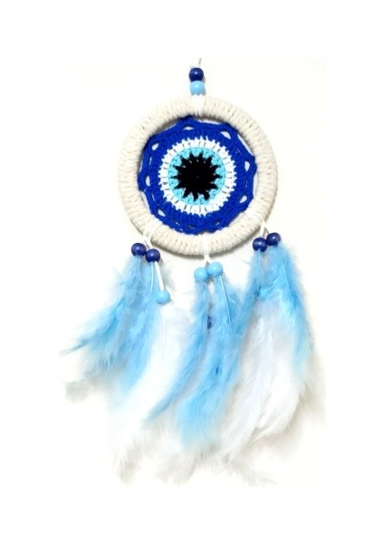 Nazar Boncuğu Motifli Bebe Mavisi ve Beyaz Kuş Tüylü Düş Kapanı Duvar Süsü