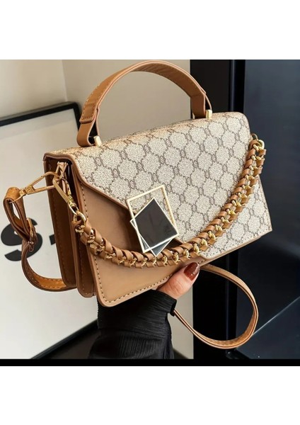 Şık Geometrik Baskılı Dekorotif Zincir Askılı Suni Deri Moda El & Omuz Çantası